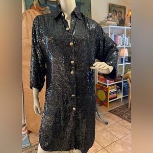 Vtg Jewel Queen black sequin gold button long jacket coat sz MEDIUM GLAM